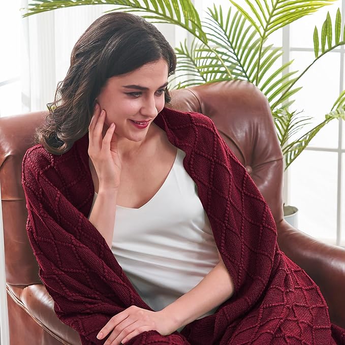 inhand Knitted Throw Blankets for Couch and Bed, Soft Cozy Knit Blanket with Tassel, Claret Lightweight Decorative Blankets and Throws, Farmhouse Warm Woven Blanket for Men and Women, 50"x60"-Ruum Studio Home