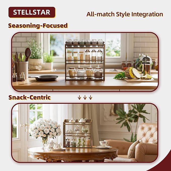 Spice Rack for Countertop, Bamboo Seasoning Jars Organizer Rack Shelf Wall Mounted, 15.83" W x 4.96" D x 15.75" H (Walnut)-Ruum Studio Home