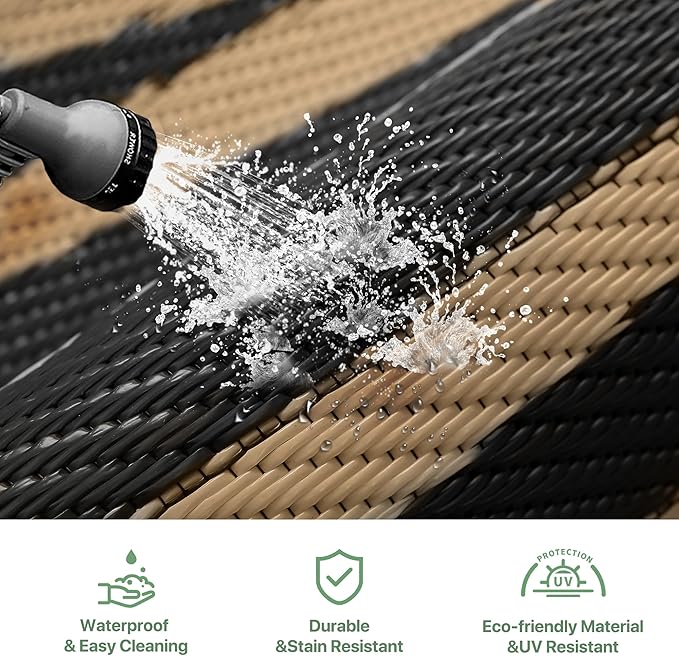 GENIMO Outdoor Rug Waterproof 9'x12' for Patio, Foldable Reversible Plastic Straw Carpet for Travel Trailers, Outside Area Mat for Rv, Deck, Picnic, Porch, Camper, Balcony, Beach, Black & Brown-Ruum Studio Home