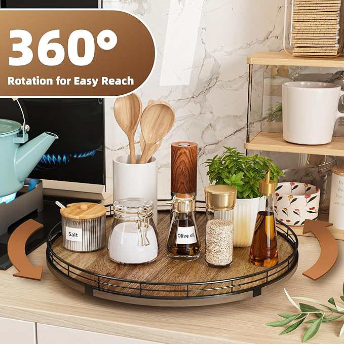Acacia Wood 16" Lazy Susan Turntable Organizer for Table Top, Farmhouse Large Round Lazy Susan for Cabinet Kitchen Centerpieces Dining Table, for Condiments Charcuterie, Bathroom Vanity Tray Decor-Ruum Studio Home