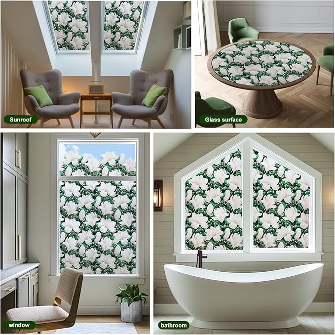 Window Privacy Film Stained Glass Decorative Static Clings Frosted Window Tint for Home Room Decor Bathroom Door Car Stickers with Glittering Effect, Removable(Magnolia Design)-Ruum Studio Home