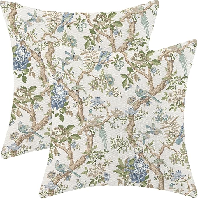 CXMEIFLY Chinoiserie Spring Pillow Covers 20 x 20 Inch Set of 2 for Blue Sage Green Vintage Flowers Bird Decor Throw Pillows Plant Farmhouse Outdoor Decorative Cushion Cases for Couch Bed Decorations-Ruum Studio Home
