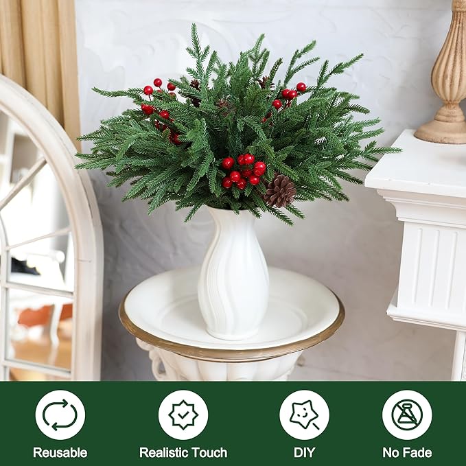 24 Pcs Christmas Norfolk Pine Stems, Realistic DIY Artificial Pine Branches for Christmas Decorations-Ruum Studio Home