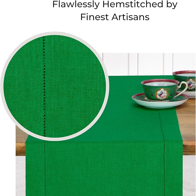 D'Moksha Homes Kelly Green Linen Table Runner 120 Inches Long - 100% Pure Linen Diamond Table Runner 14 x 120 Inch for Dining, Fall and Halloween - Machine Washable-Ruum Studio Home