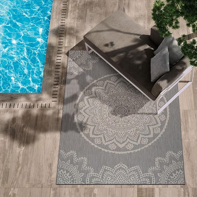 CAMILSON Outdoor Rug 9x12 Modern Area Rugs for Large Indoor and Outdoor Patios and Porches - Waterproof Washable Non-Shedding Easy-to-Clean Outside Carpet (9 x 12, Medallion - Grey/White)-Ruum Studio Home