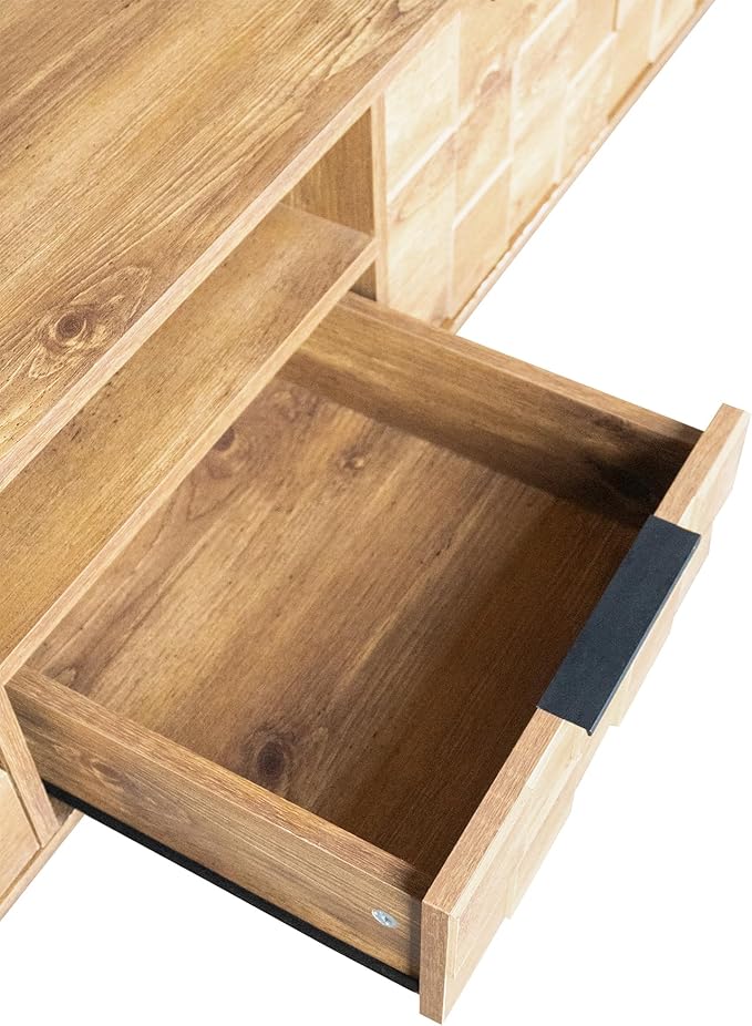 Modern TV Stand for TVs up to 85", Mid-Century Media Console with Checkered Cabinet Doors, Storage Drawers & Open Shelves, Wood Entertainment Center with Metal Legs-Ruum Studio Home