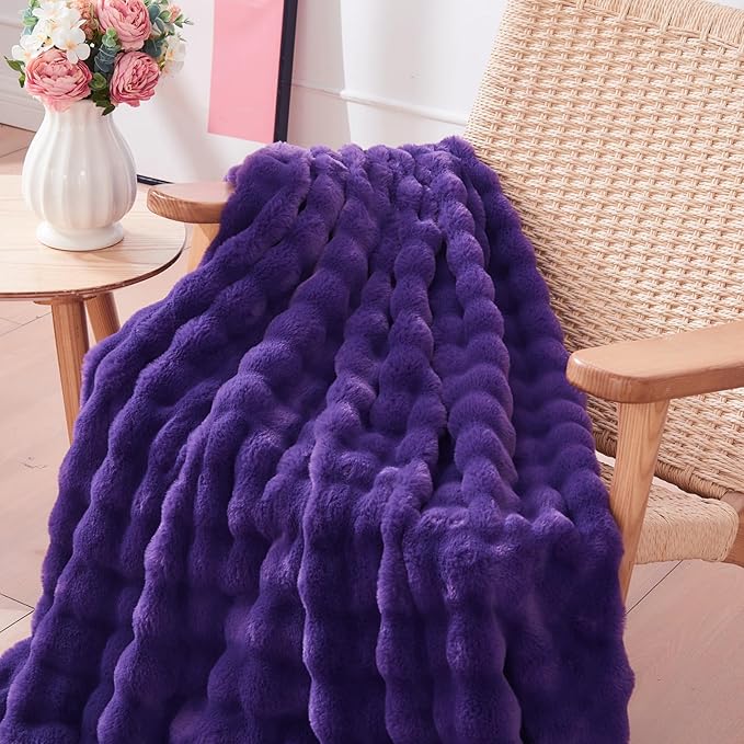 NEWCOSPLAY Faux Fur Throw Blanket Purple Bubble Blanket Thick Warm Soft for Couch Sofa Bed 550GSM (Purple, Throw(50"x60"))-Ruum Studio Home