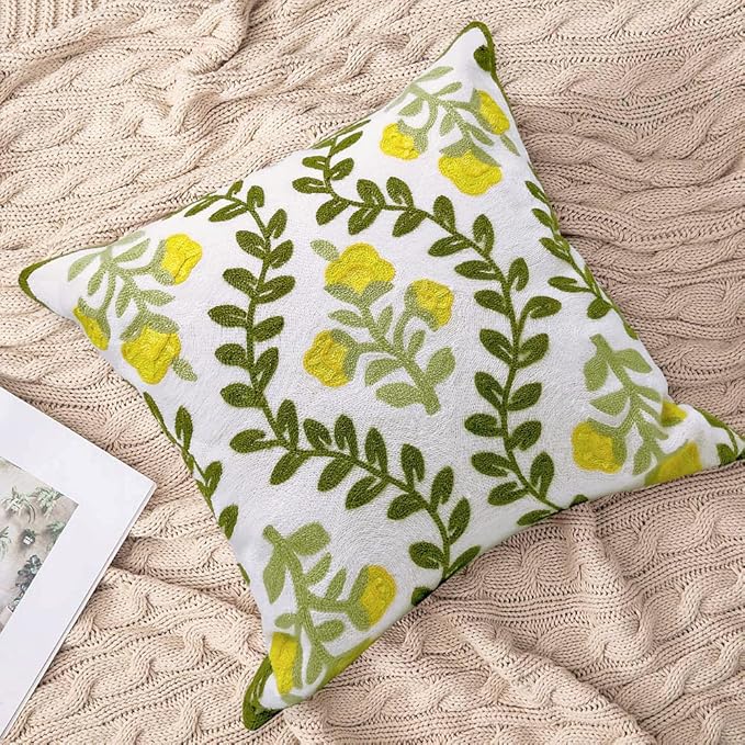 Alysheer Floral Embroidered Summer Decorative Throw Pillow Cover 18"x 18" Set of 2, Farmhouse Cottage Yellow Flower Green Leaves Patterned Cotton Cushion Case for Couch Bed Living Room Outdoor Decor-Ruum Studio Home