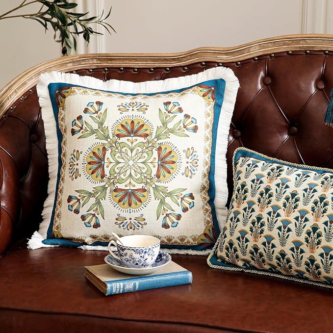 patdrea Designer Throw Pillow Covers Set of 4,French Vintage Blue Linen with Floral Collection Pattern Pillow Cover,Decorative Rectangle and Square Pillowcases Cushion for Bed Living Room Outdoor-Ruum Studio Home