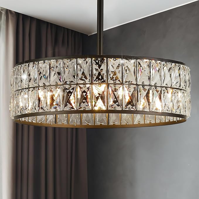 16” 4-Light Modern Crystal Chandeliers Black Dinning Room Light Fixture with Two Rods, Round Pendant Light Kitchen Island Chandelier, Flush Mount Ceiling Light for Living Room Entryway-Ruum Studio Home