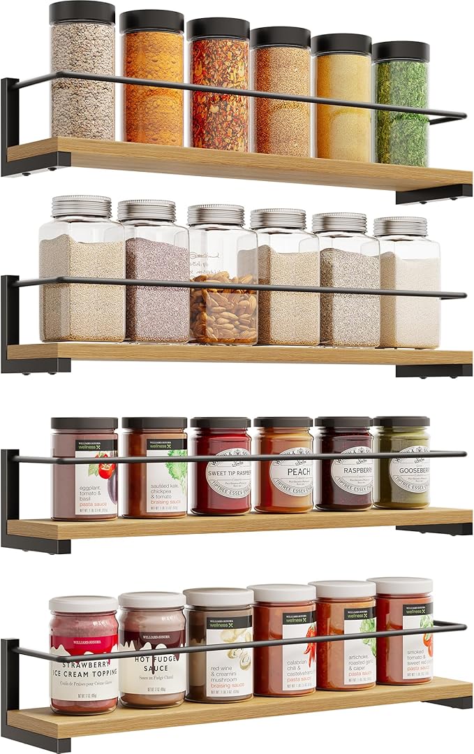 OROPY Spice Rack Wall Mounted, Rustic Wood Hanging Rack for Over The Stove, Kitchen Wall, 4 Pack-Ruum Studio Home