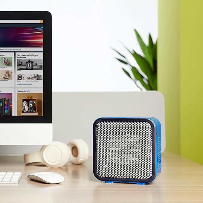Amazon Basics Ceramic Space Heater, Mini Heater for Office Desk, Portable Tent Heater for Camping (Indoor Use), 500 W, With Tip-Over Protection, Lightweight (1.4 LBS), Blue, 5.9 x 3.2 x 6 inches-Ruum Studio Home