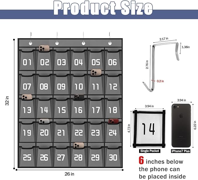 Loghot Classroom Accessories Closet Pocket Chart for Cell Phones Holder Wall Door Hanging Organizer (30 Pockets Gray)-Ruum Studio Home
