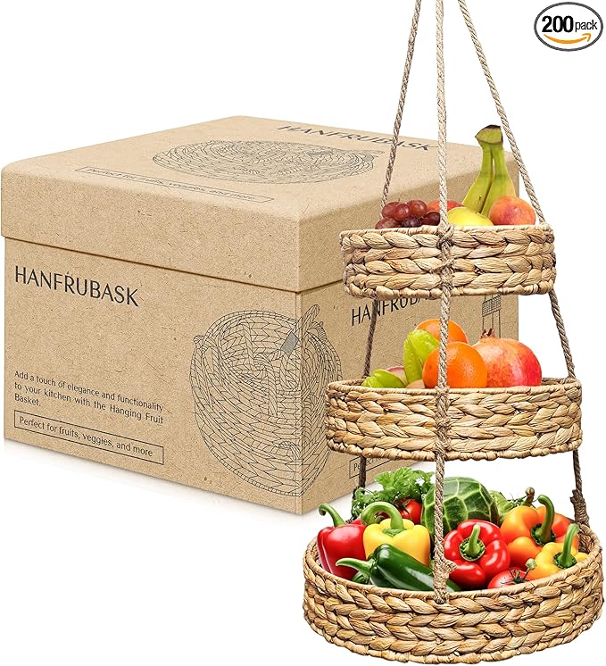 Generic HANFRUBASK - Hanging Fruit Basket Set of 3, Woven Water Hyacinth, Round, Beige, Rustic, Kitchen Storage & Organization-Ruum Studio Home