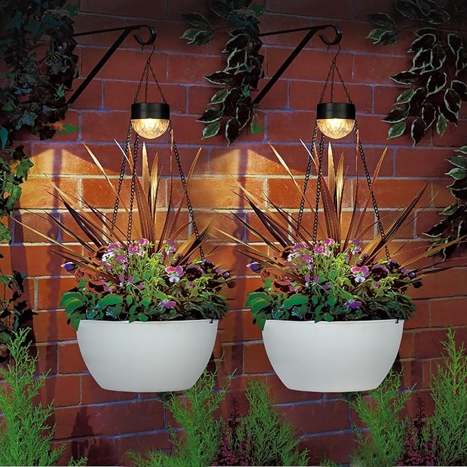 2 Packs Hanging Planters Basket for Outdoor Plants, Solar Powered Self Watering White Round Plastic Flower Pots with Drainer for Balcony Patio Garden Outdoor Decoration-Ruum Studio Home