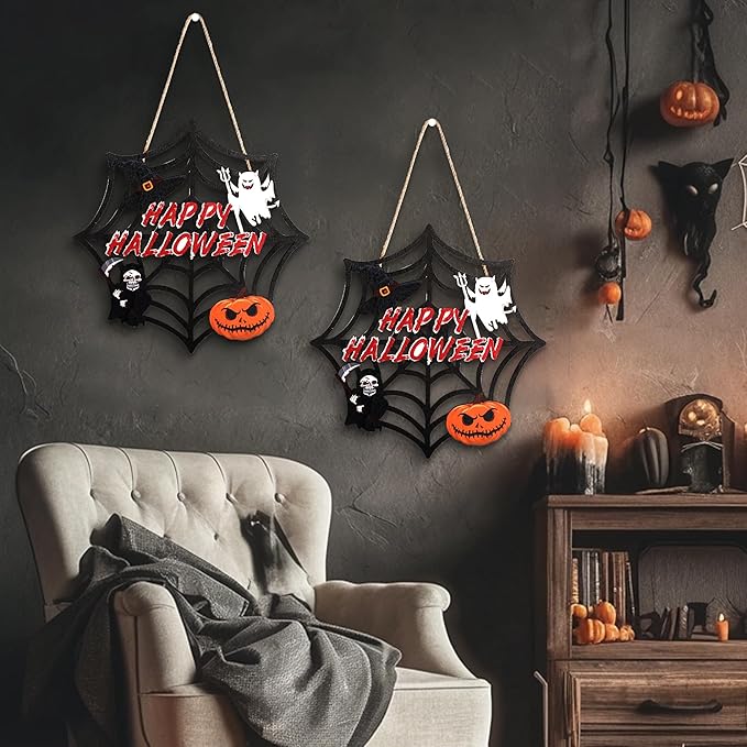 Halloween Party decorations - Welcome Sign for Front Door,Rustic Round Wood Wreaths for Outdoor Outside,Spider Web Garland Porch Ghost Decor for Party Favors Supplies | Halloween Decor for Wall Indoor-Ruum Studio Home
