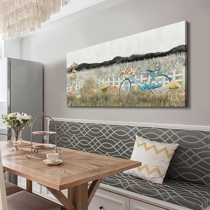 Large Wall Art for Living Room Farmhouse Wall Decor, Modern Boho Vintage Organnic Country Rustic Cottagecore Neutral Landscape Artwork with Mountains Bicycle Flower, Floral Picture Bedroom Kitchen-Ruum Studio Home