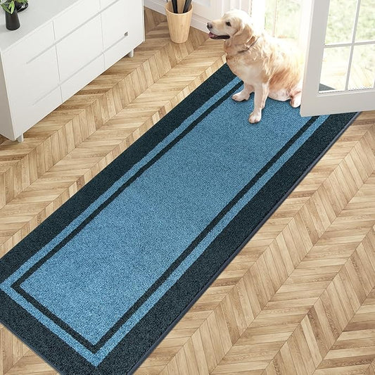 PURRUGS Dirt Trapping Door Mat 24" x 70", Non-Slip/Skid Machine Washable Entryway Rug, Shoes Scraper, Area Rug, Super Absorbent Welcome Mat for Muddy Wet Shoes and Paws, Light Blue & Navy-Ruum Studio Home