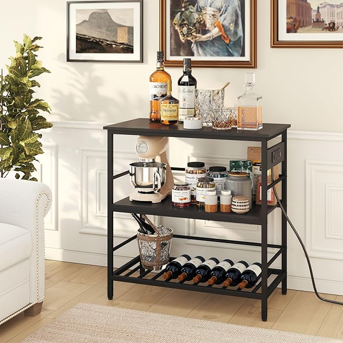 IBUYKE Kitchen Island with Storage, Bakers Rack with Power Outlet,Microwave Stand with Large Worktop,Rolling Bar Cart for Home, Outdoor, Kitchen,Black TMJ029B-Ruum Studio Home