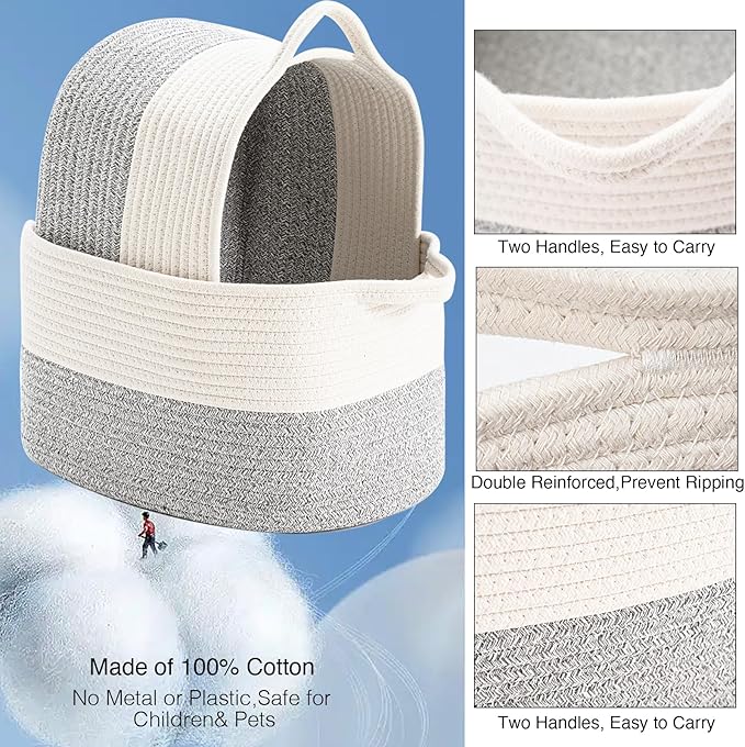 Cotton Rope Woven Storage Basket, Used for Baby Hamper Toy Organizer, Gift Baskets Empty,Kids Laundry Basket,Baby Blanket Basket. Size 15x10x8.7 Inches. (White&Grey-3PCS)-Ruum Studio Home