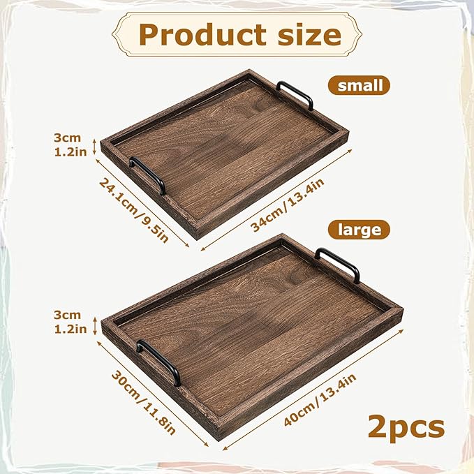 2 Pcs Rustic Wooden Serving Trays with Handle Decorative Nested Vintage Wood Serving Tray Stylish Farmhouse Decor Servings Platters for Eating, Breakfast(Large 15.8x11.8x1.2 in, Small 13.4x9.4x1.2 in)-Ruum Studio Home