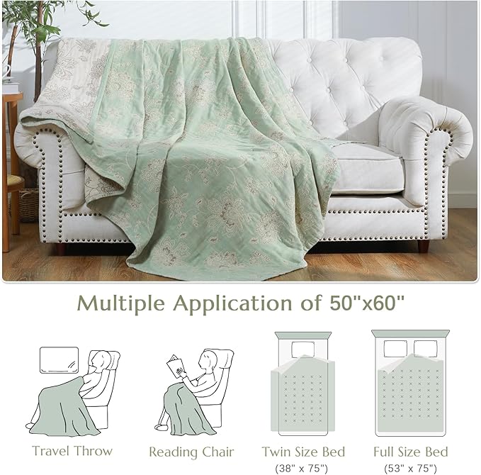 jinchan Boho 100% Cotton Muslin Twin Size 50x60 Inches Blanket Lightweight 4-Layer Quilted Soft Green and Beige Floral Throw Blanket Reversible Comfy Flower Breathable All Seasons Couch Bedroom Decor-Ruum Studio Home