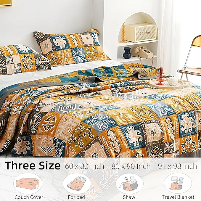 Boho Throw Blanket for Bed - 100% Pure Cotton Ultra Soft Rustic Quilt - Farmhouse Decor Bed Blankets, All Season Rustic Throw for Sofa Couch Chair(91''x 98'', Art Squares)-Ruum Studio Home