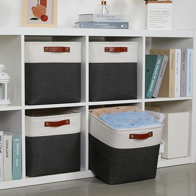 DULLEMELO Set Of 4 Cube Storage Bins, Fabric Storage Basket for Shelves Closet Nursery Toy Storage, 12 Inch Collapsible Fabric Bins for Toy Book Magazine Towel Organizers(4 Pack - 12" White&Black)-Ruum Studio Home