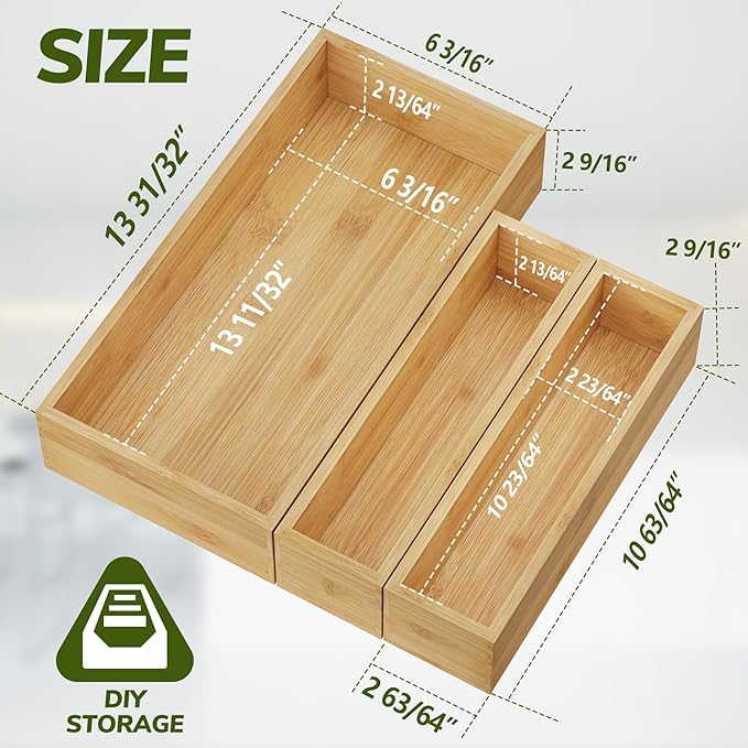BAMEOS 3-Piece Bamboo Drawer Organizer, Utensil Organizer for Drawer, Junk Drawer Organizer for Kitchen Bathroom, Dressing Room, Office, Pantry (Natural)-Ruum Studio Home