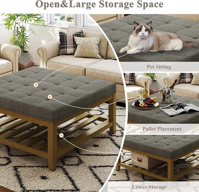 Large Square Ottoman Coffee Table, Linen Solid Upholstered Footrest Ottoman with Solid Wood Shelf Storage Tufted Coffee Table for Bedroom Living Room, Granite-Ruum Studio Home