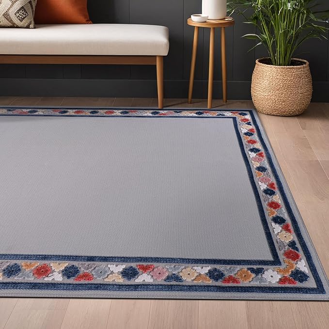 Beverly Rug Outdoor Rug 5x7 Modern Bordered Area Rugs for Indoor and Outdoor Patio Easy to Clean Non Shedding Living Room Porch Garden Washable Outside Carpet (5 x 7 Gray)-Ruum Studio Home