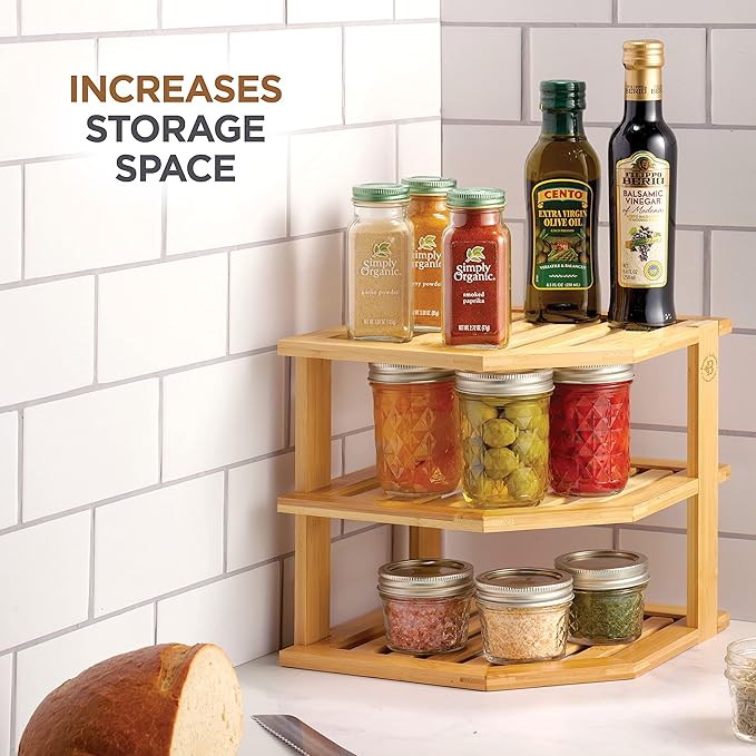 2-Pack Plate Organizer for Cabinet - Bamboo Corner Shelf for Kitchen or Bathroom Storage, Space-Saving Rack for Dishes, Countertop, Cabinet, Pantry - Organization & Housewarming Gift-Ruum Studio Home