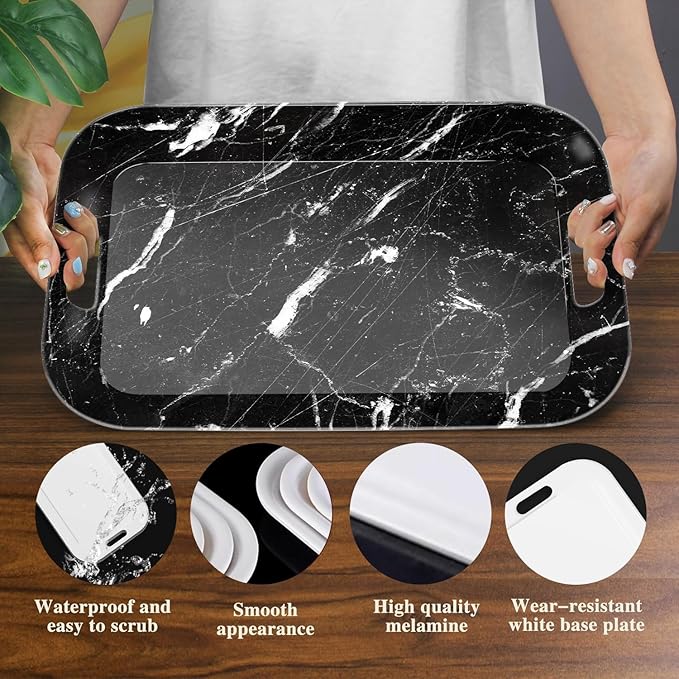 Serving Trays with Handles, 14.5 x 9.8 inch Rectangular Plastic Tray for Restaurant, Kitchen, Black Marble-Ruum Studio Home