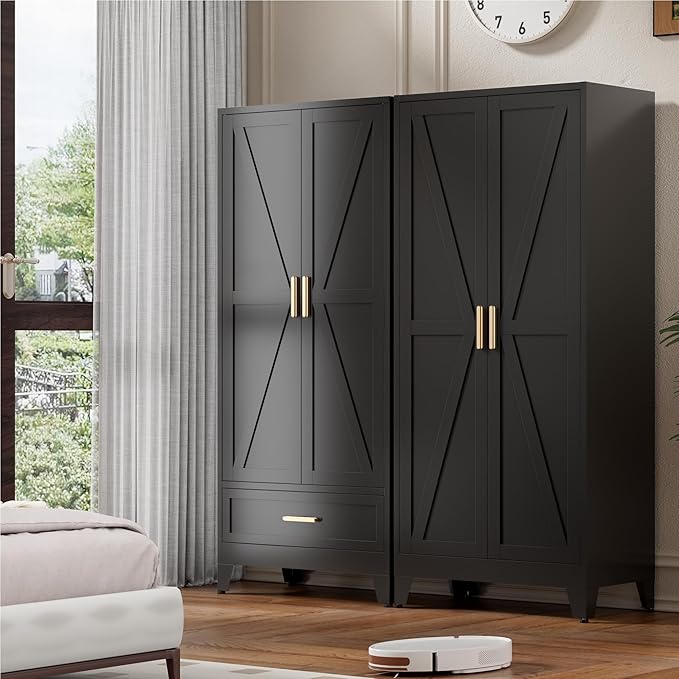71'' Black Farmhouse Metal Wardrobe Cabinet with Hanging Rod, 2 Barn Door Wardrobe Closet with Adjustable Shelves,Drawer,for Dining Room,Bedroom,Living Room, Cloak Room,Office-Ruum Studio Home