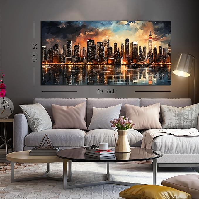 New York Skyline Wall Art for Office,Modern Living Room Wall Paintings City Wall Decor for Bedroom 29 x 59 Inch-Ruum Studio Home