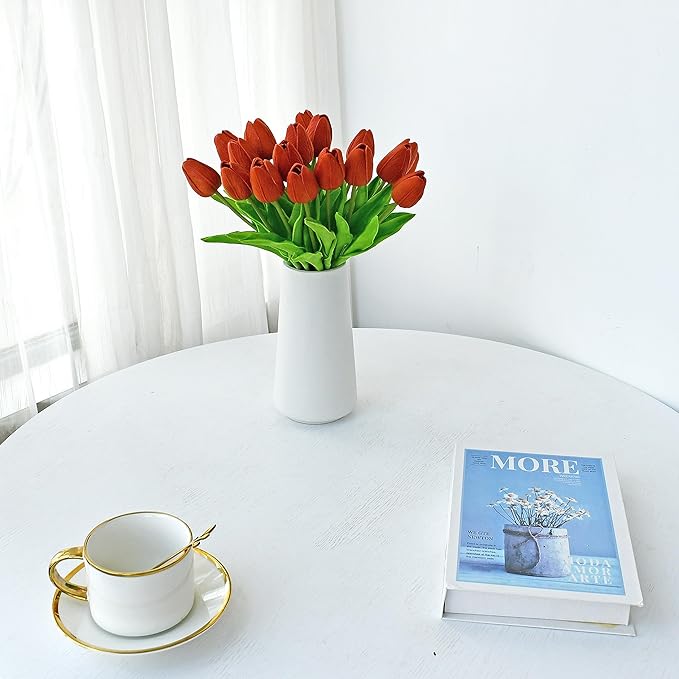 Mandy's Artificial Tulips 20 Stems Dark Orange PU Faux Flowers for Wedding Home Decor 13.5 Inch-Ruum Studio Home