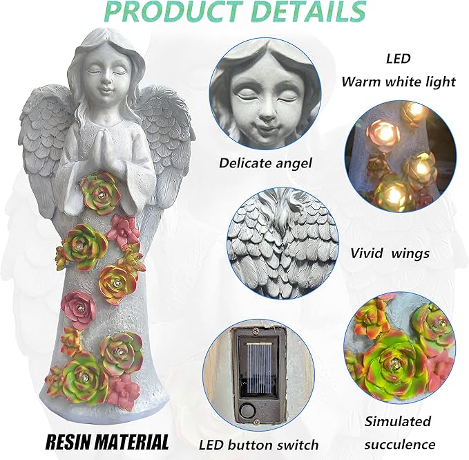 Angel Solar Garden Outdoor Statues with Succulent Plants and 6 LED Lights– Outside Solar Garden Decor Figurines -Remembrance & Sympathy Gifts Decorations-Ruum Studio Home