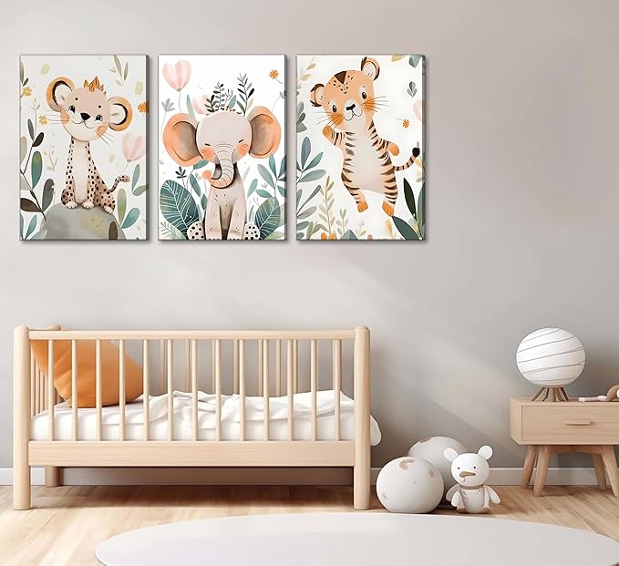 3 Pcs Safari Animals Nursery Canvas Wall Art Jungle Animals Cheetah Elephant Tiger Kids Room Illustration Pictures Wall Decor Posters Print Artwork for Classroom Boy's Girl's Room Bedroom-Ruum Studio Home
