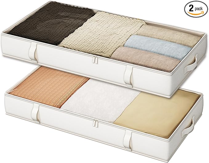 Vailando Under Bed Storage Containers, Underbed Storage Bins with 6 Inches Tall, Clothes Storage Box with Sturdy Handles and Sidewalls, Beige, 2-Pack-Ruum Studio Home