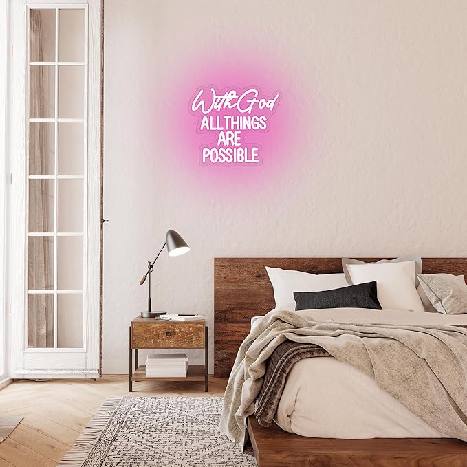 "With God All Things Are Possible" Neon Sign God Neon Light for Wall Decor Letter LED Neon Sign Pink LED Neon Light Dimmable Neon Signs for Bedroom Wedding Church Decoration-Ruum Studio Home