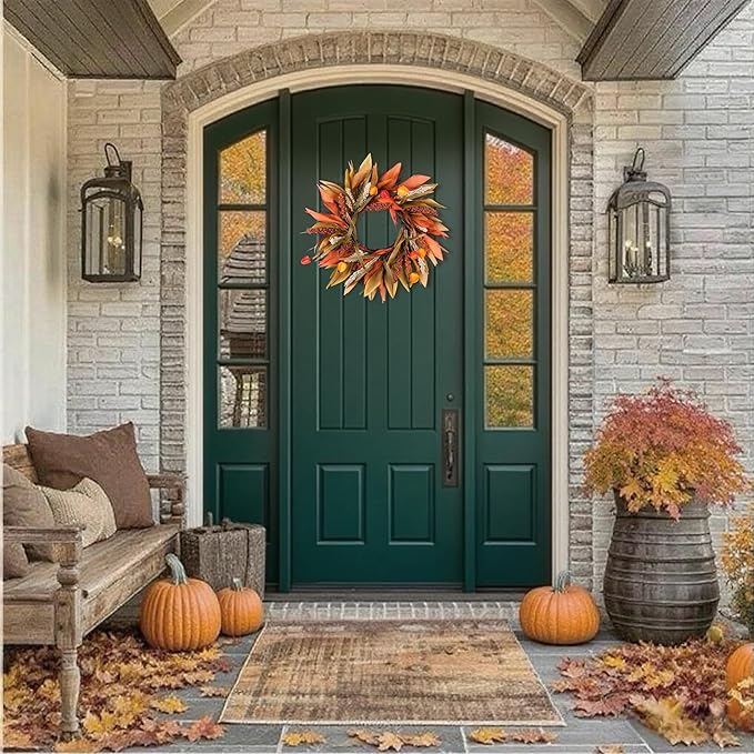 Fall Corn Husk & Berry Door Wreath for Front Door 24 Inch, Festive & Rustic Farmhouse Autumn Harvest Wreath, Fall Decor for Home Door Wall Porch Window, Orange/Yellow/Brown-Ruum Studio Home