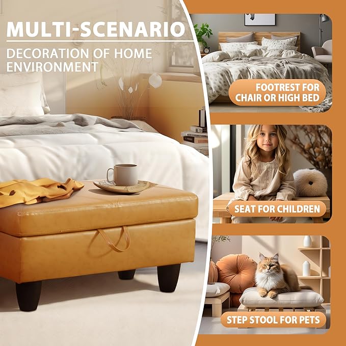 Ottoman Rectangular Storage Ottoman Bench, Faux Leather Footrest, Coffee Table, Stool Footstool with Hinged Lid for Living Room, Bedroom, Entryway, Orange, 28.5"x19"x17.5"-Ruum Studio Home