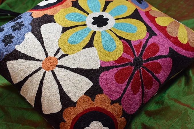 Modern Black Daisy Floral Pillow Cover Accent Flower Traditional Pillowcase Hand Embroidered Florals Couch Pillowsham Boho Outdoor Cushion Suzani Accent Pillow Wool 18x18 Inch-Ruum Studio Home