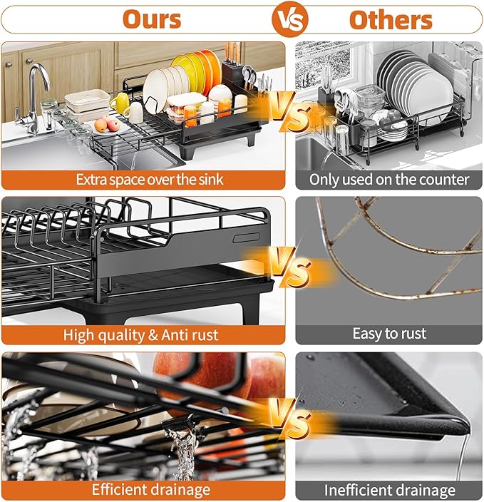 Extendable Dish Drying Rack, Multifunction Dish Rack for Kitchen Counter, Expandable Dish Drainer Over Sink, Large Dish Strainer with Cups Holder, 1 Tier Black-Ruum Studio Home