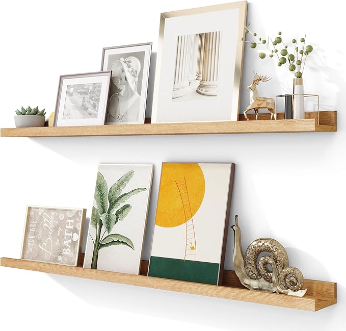 Solid Ash Wood Picture Ledge Shelf, Wood Floating Shelves Set of 2, 48 Inch Long Large Photo Ledge Shelves, Nursery Book Shelves Wall Mounted for Living Room Kids' Bedroom Decor, Natural-Ruum Studio Home