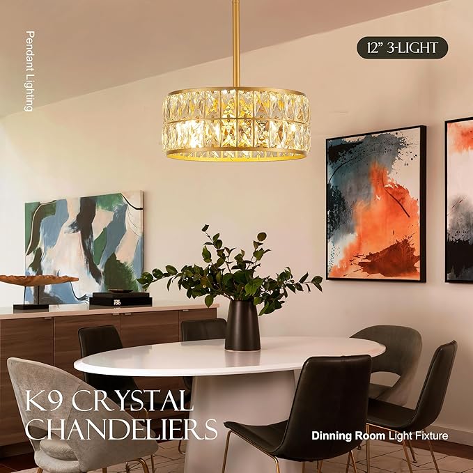 12” 3-Light Modern Crystal Chandeliers Gold Dinning Room Light Fixture, Round Pendant Light Kitchen Island Chandelier, Flush Mount Ceiling Light for Living Room Entryway Bedroom Foyer-Ruum Studio Home
