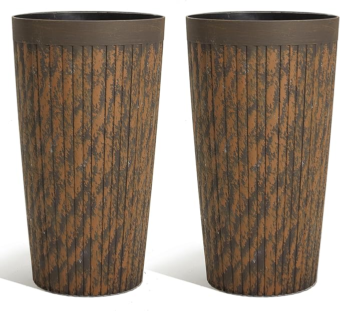 Worth Garden 22.5" H. Plastic Planters - Set of 2 Vintage Brown Tall Conical Plant Pots for Indoor Outdoor Use - Decorative Lightweight Flower Pots for Front Porch, Patio, Deck - 12.5" Dia x 22.5" H-Ruum Studio Home