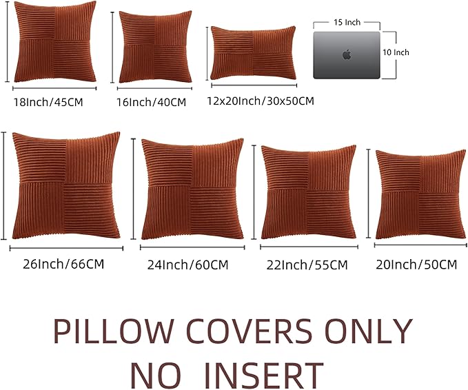 Fancy Homi 2 Packs Rust Big Decorative Throw Pillow Covers 24x24 Inch for Living Room Couch Bed, Rustic Farmhouse Boho Home Decor, Soft Corss Corduroy Patchwork Square Terracotta Cushion Case 60x60 cm-Ruum Studio Home