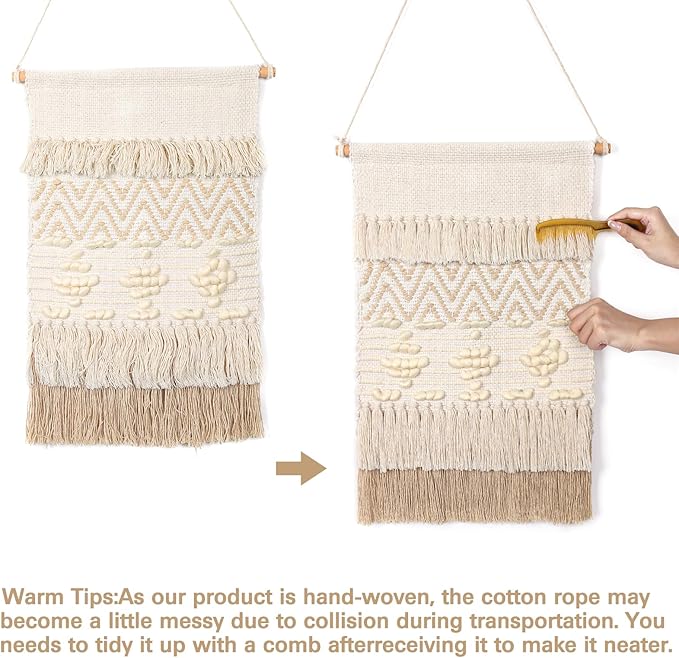 Dremisland Macrame Woven Wall Hanging Home Decor Bohemian Beige Geometric Wave Art Decor with Wool Ball and Tassle-Elegant Apartment Bedroom Dorm Room Door Decoration, 15.7" W x 22" L (Beige Wool Ball)-Ruum Studio Home