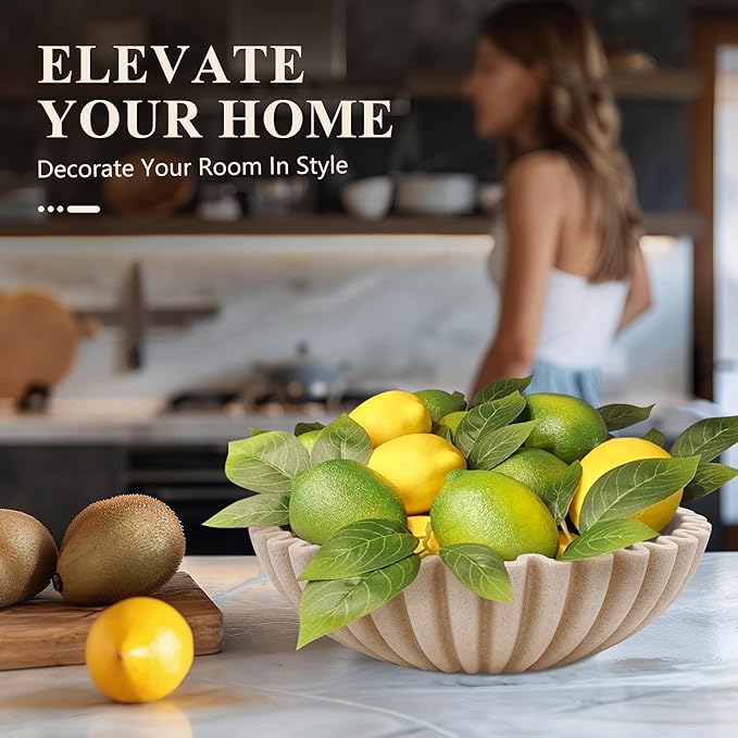 Large Decorative Bowl, Modern Handicraft Bowls for Home Decor, Decorative Fruit Bowl for Kitchen Counter, Ruffle Decor, Stylish Key Bowl for Entry Table, Artificial Stone Beige-Ruum Studio Home